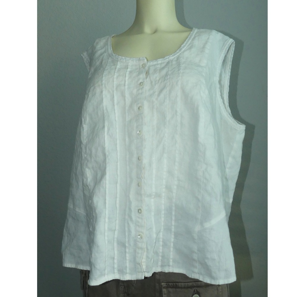 Coldwater Creek Womens 3X White Linen Pintuck Lace Trim Sleeveless Blouse Top